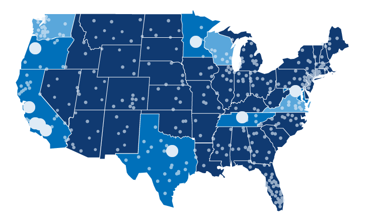 A blue map of the 50 states with larger and smaller pinpoints across the country.